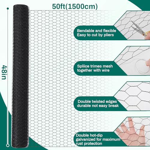 GlikCeil 48 in x 100 ft Chicken Wire Fencing Metal Floral Chicken Wire Mesh for Crafts Poultry Garden, 1 Inch Hexagonal Galvanized Hardware Cloth Netting for Poultry Coop Barrier Rabbit Cage(Black) - color: Black, size: 48 in X 100 ft