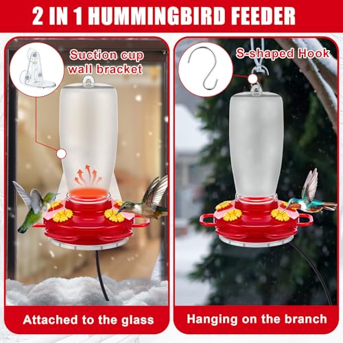Relaxweex Heated Hummingbird Feeders Outdoor 2 in 1 Winter Hanging Heated Bird Feeders with Pipe Insulation Tape, Extension Cord, Safe Cover, Suction Cup for Outside Anti Freezing Window Winter Garden