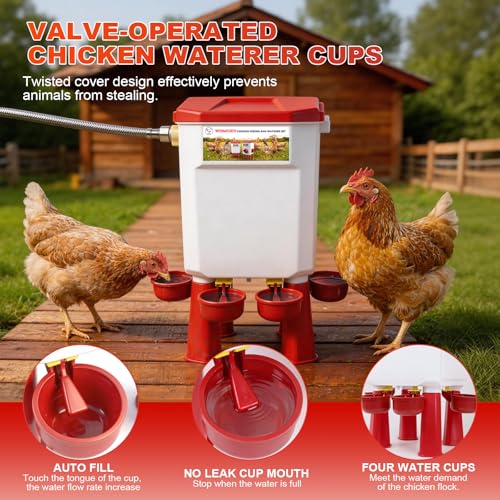 Chicken Feeder and Waterer Set, 2 Gallon Automatic Chicken Waterer with Float Valve, 26.5 Pounds Chickens Feeders No Waste with Vegetable Net & Xylophone Toy, Standing/Hanging Use for Poultry