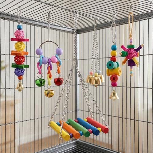 Bird Toys cage Accessories Parakeet Parrot Swing Wood Stand Perch with Mirror Climbing Ladder Interactive Hanging Toy for Budgerigar Conure Cockatiel mynah Finches