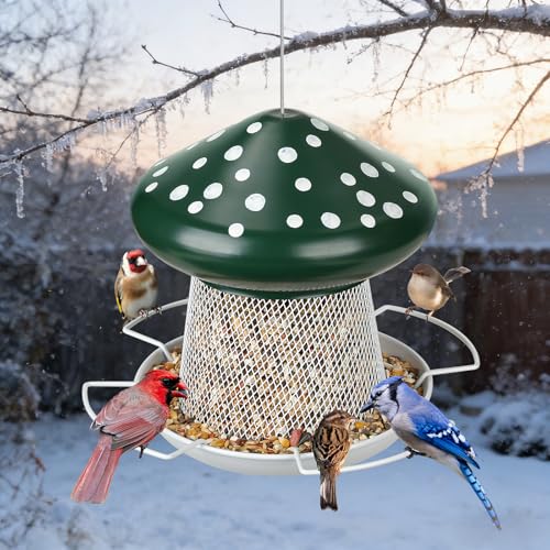 Bird Feeder, Heavy Duty Metal Bird Feeders for Outdoor Hanging | Wild Birdfeeder, 3LB Capacity, 4 Perches, Sturdy, Cute Mushroom Shape, For Outside Garden Yard - color: Green