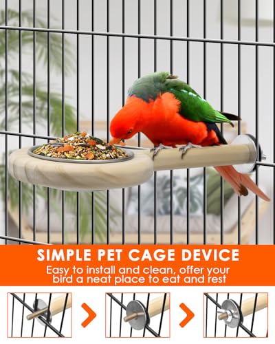 KATUMO Bird Perch Feeding Cup Birds Platform Parrot Wood Perch Stand Toy Cage Accessory for Parakeet Lovebird Cockatiel Conure Budgie Small Parrots (L Perch (Pack of 2))