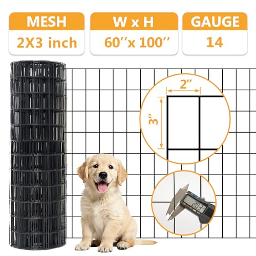 Black Metal Garden Fence, 60inch(H) x 100ft(L), 2 inch x 3 inch,14GA 2/3/4/5/6 Ft Tall Chicken Wire PVC Coated Welded Wire Mesh Roll for Dogs Border Yard Vegetable Plant Protection Poultry Netting - color: Black, size: 14GA 2x3 60"x100'