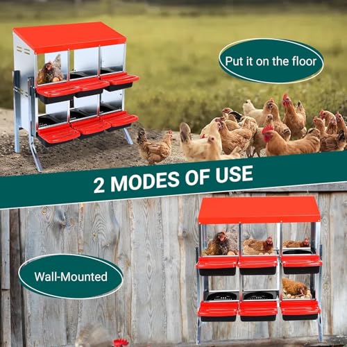6-Compartment Chicken Nesting Boxes, Metal Hen Laying Boxes with Roll-Away Egg Tray, Lockable Lid, Easy-Clean Design for Coop and Farm - color: Red, size: 37.0"L x 16.5"W x 8.7"H