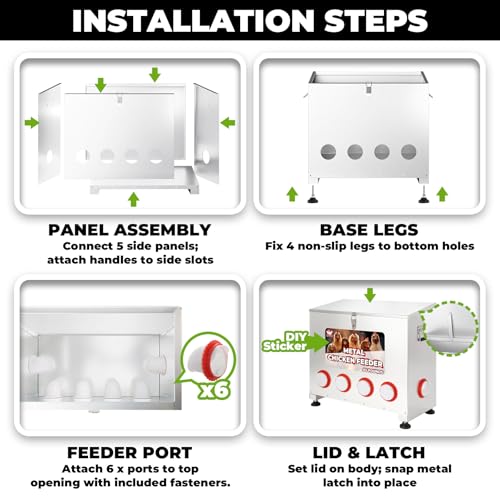 Chicken Feeder 85LB,6-Port Metal Poultry Feeder for Chickens, Poultry Coop | No Waste with Locking Lid&Riveted Handles,Adjustable Height,Large Capacity Rainproof Automatic Chicken Feeders - size: 85lbs