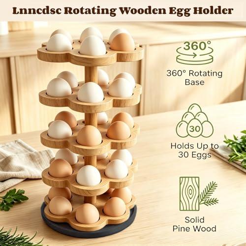 360° Rotating Wooden Egg Holder for 30 Eggs (Wood) | petal-shaped tray, 5 tiers, 6 egg slots per layer, solid wood, farmhouse countertop organizer, for kitchen and Easter display - color: Wood