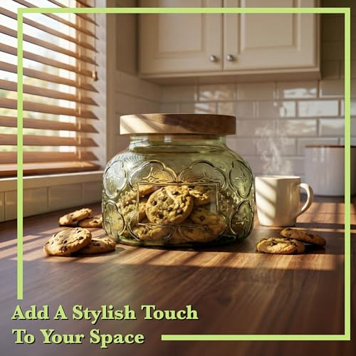 Decorative Green Embossed Glass Jar with Airtight Wooden Lid, 25.4 fl. oz | Wide mouth vintage storage canister, kitchen pantry bathroom organization, coffee sugar tea cookie candy candle vase gift - size: 25.4 Ounces, style: Green Celandine
