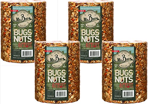 Mr. Bird Bugs, Nuts & Fruit Cylinder, 4-Pack, 4 lbs 2 oz | Wild Bird Seed For Outside Feeder | Premium Blend of Mealworms, Sunflower Hearts & Cranberries | No Mess, No Melt - size: 4 Pack