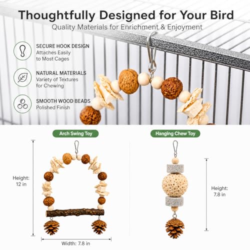 2 Pack Natural Bird Toys Set - Prickly Ash Wood Arch Swing with Walnuts & Cuttlebone - Sola Ball Shreddable Toy with Beak Grinding Pumice Stone, Cage Accessories for Cockatiel, Conure, Parakeets - color: Wood B(Sola Ball Set)