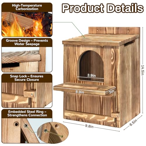 Large Owl House with Wood Shavings, Carbonized Pine Wood Nesting Box | Outdoor Owl Nesting Box with Ventilated Design and Easy Cleaning Access for Barred Owls, Screech Owls and Backyard Wildlife