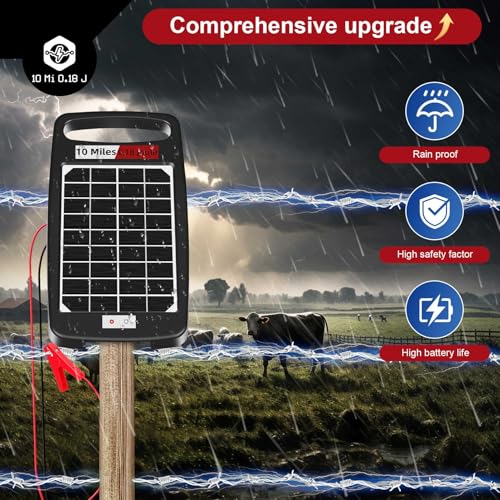 10 Miles Solar Powered Electric Fence Charger, 0.18J Portable for Livestock | 24/7 Day/Night Mode, Portable Solar Panel/AC Dual Power,10200V Output,Weatherproof, Easy Setup, Deters predators for Gardens - size: 10M 0.18J