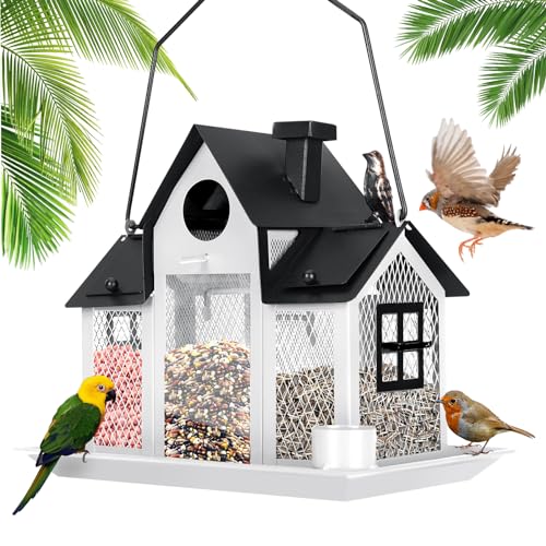 Solar Bird Feeders House for Outside Hanging, Metal Wild Bird Feeder for Outdoors Large Capacity Cardinal Birdfeeder Birdhouses Metal Bird Feeding Station White - color: white