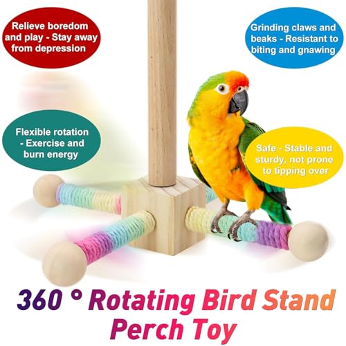 Birds Toy, 360° Interactive Rotating Bird Perch, Wooden Rotating Stand Toy, Bird Cage Accessories for Small & Medium Parrots, Parakeets, Cockatiels, Lovebirds, Budgies - color: Brown