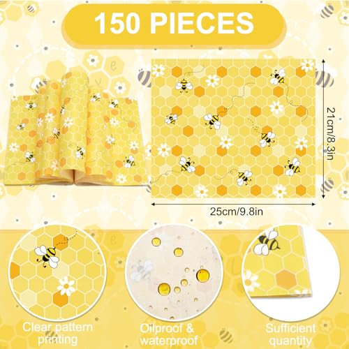 JarThenaAMCS 150 Pcs Summer Bee Wax Paper Yellow Honeycomb Deli Paper Cute Daisy Food Sandwich Wrap Waterproof Oil-Proof Picnic Basket Liners for Party Kitchen Supplies - color: Bee