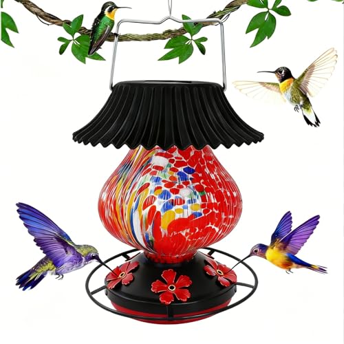 Solar Glass Hummingbird Feeder for Outdoors- 26 fl.oz Hummingbird Feeders | Best Solar Feeders with Ant Moat & Perch, 5 Feeding Ports, Wasp Leak Proof, Hand Blown Glass Color Changing Glowing in Dusk - color: Red