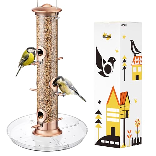 iBorn Bird Feeders Seed Catcher for Outside Hanging 6 Port Bird Feeder for Cardinal Birds Aluminium Metal,Brushed Copper Finishing 14 Inch 6 Port (Seed is not Included) - color: Brushed Copper, 14 inch, 6 Ports