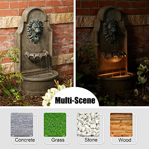 Glitzhome 3-Tier Outdoor Water Fountain with LED Light, Oversized Vintage European Style Lion Head Waterfall Fountains, Rustic Faux Granite Fountain for Garden Patio Deck Porch, 31.75”H - color: Lion Head