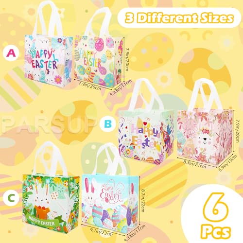 PARSUP 6PCS Happy Easter Egg Hunt Bags, Assorted Sizes, Easter Bunny Carrot Chick Egg Treat Bag with Handles, Non-Woven Gifts Wrapping, Egg Hunt, Spring Party Supplies - color: Blue Yellow Pink Green