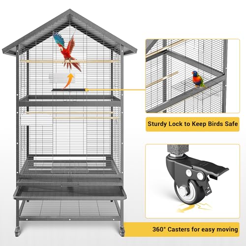 65.7 Inch Wrought Steel Bird Cage with Pull-Out Tray/Lock,Large Flight Cage with Feeding Bowl/Stand/360° Swivel Casters for Cockatiels, Greys, Parakeets, Budgies, Conures, Pigeons, Canaries, Lovebirds