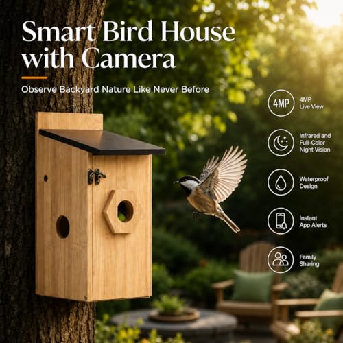 Smart Bird House with Camera, Bamboo Wooden Birdhouse for Outdoor Bird Watching, App Live View, Color Night Vision, Motion Detection, Waterproof Bird Nesting Box - color: Modern Bamboo, size: Wired Edition