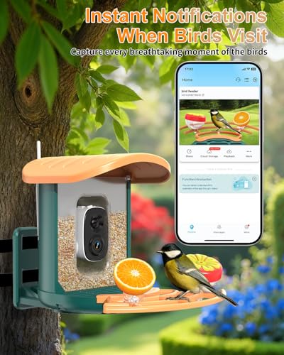 Bird Feeder with Camera, 2K HD Camera Birds Feeder with AI Bird Recognition, Solar Powered Smart Birdfeeder with App Control, Color Night Vision, Gift Box Package, Easy Install & Family Sharing - color: Dark Green, size: Stand