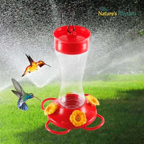 Nature's Rhythm Bird Feeder 4 bee Guard Plastic Yellow Flowers Feeding Port 8oz Glass Pinch Waist Hummingbird Feeder (1Pcs) - color: Red-Yellow Flowers, size: 1pcs