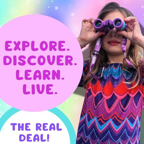 Kids Binoculars Ages 3-12, 8x21 Compact Shockproof Purple | bird watching, hiking, outdoor adventures, includes carry case, neck strap, compass, carabiner, high resolution optics - color: Purple