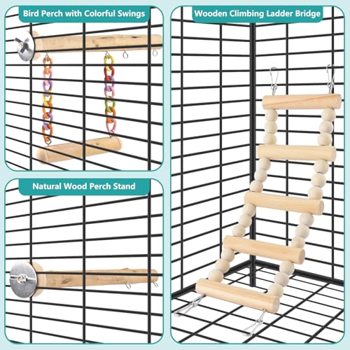 DBNESS Bird Perches Ladder with Swing, Natural Wood Parrot Climbing Bridge Perch Toys, Exercise Play Stand Parakeet Cage Accessories for Budgie Cockatiel Green-Cheeked Conure Caique