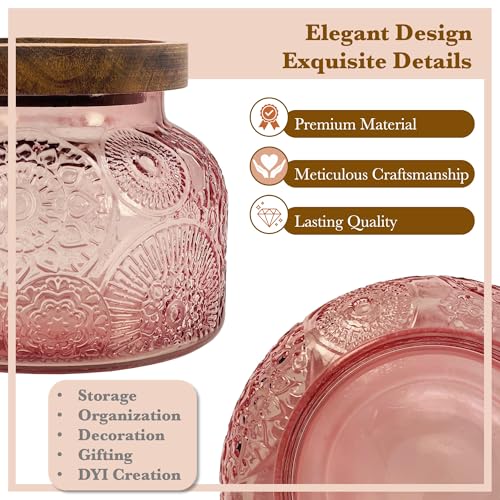 Decorative Pink Embossed Glass Jar with Airtight Wooden Lid, 25.4 fl. oz | Wide mouth vintage storage canister, kitchen pantry bathroom organization, coffee sugar tea cookie candy candle vase gift - size: 25.4 Ounces, style: Pink Flower