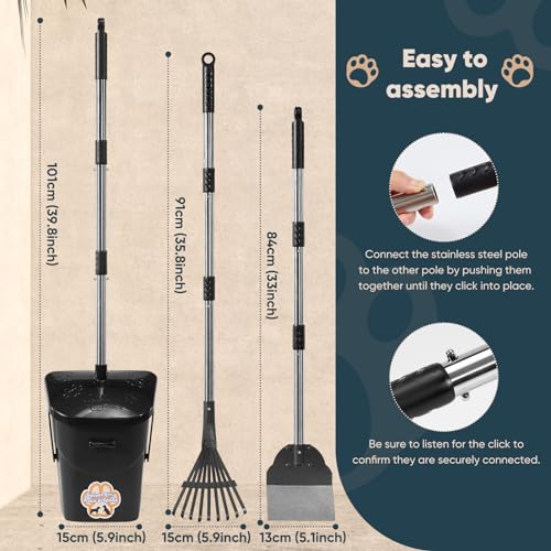 Stainless Steel Dog Pooper Scooper,40" Long Handle Swivel Bin, Rake and Spade,20 Waste Bags & Hook - Heavy Duty Portable Metal Poop Scooper for Large,Medium and Small Dogs