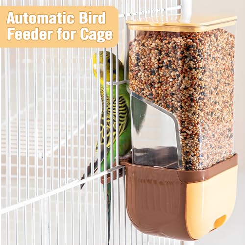 BNOSDM No Mess Bird Automatic Feeder Bird Cage Feeders Parrot Cage Accessories Transparent Seed Food Container with Perch for Finches, Parakeets, Budgies, Lovebirds, Cockatoos, Canaries (Brown) - color: Brown