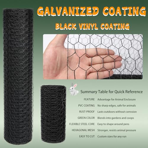 Black 19GA Chicken Wire 36inx150ft, Chicken Wire Fencing, Chicken Fence, PVC Coated Chicken Wire, PVC Coated Wire Mesh for Animal/Rabbit/Floral/Chicken Coop/DIY Projects. - color: Black, size: 36inx150ft