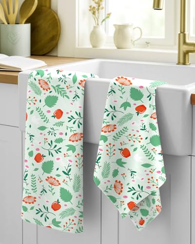 150GSM Flour Sack Kitchen Towels Set of 2, Green Leaf Fruit | 18"x26", Lightweight, Lint-Free, Pure Cotton, Decorative, with Hanging Loop, Absorbent, Softer after Wash, Giftable Package - color: Green Leaf Fruit