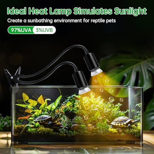 LUCKY HERP Reptile Heat Lamp, Dual Head UVA UVB Reptile Light with Cycle Timer, 360°Rotatable Dimmable Aquarium Turtle Tank Basking Light with 4 Bulbs (2PCS 25W and 2PCS 50W) - size: 25+50