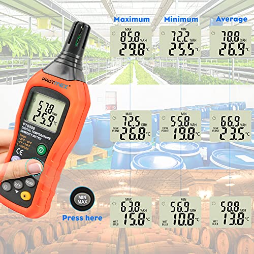 PT6508 Temperature Humidity Meter - Wet Bulb for Indoor/Outdoor | Digital Thermometer Hygrometer Monitor with Ambient, Dew Point, MIN, MAX, Data Hold, LCD Backlight - size: PT6508