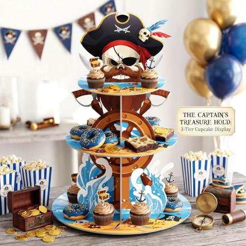 3 Tier Pirate Cupcake Stand Decoration Nautical Sailing Skull Cap Cupcake Tower Pirate Table Decoration Treasure Dessert Holder Table Display for Birthday Halloween Nautical Party Decor - style: Pirate