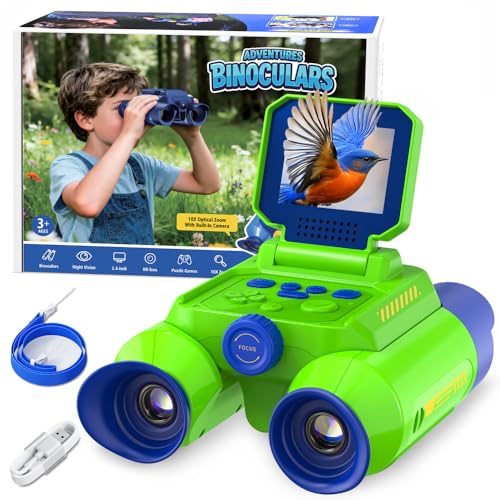 Binoculars for Kids with Night Vision, 2.4" HD Screen & 10X Zoom for Photo and Video - Outdoor Adventure Binoculars Bird Watching, Camping, Hiking, Gifts for Kids Ages 4+ (Green) - color: Green