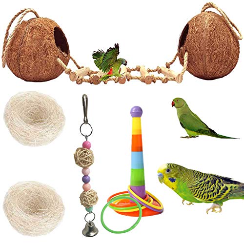 kathson 5PCS Bird Hides Coconut Nest with Ladder Perches Hanging Parrot House Cage Natural Coconut Fiber Parakeet Chewing Toys Intelligence Training Rings for Small Budgies Cockatiels