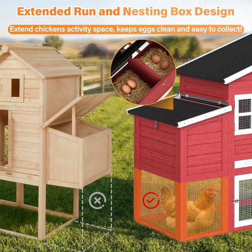 Large Chicken Coop 84.7'' Outdoor Weatherproof Hen House for 4-6 Chickens with Nesting Box, Predator Proof Poultry Cage with Pull Out Tray, Easy Clean & Assemble - color: Red(84.7"L x 27.6"W x 47.4"H)