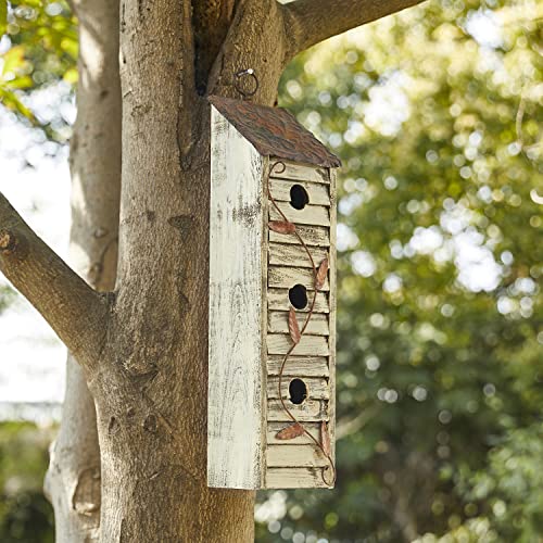 Glitzhome 18" H Wooden Bird House, Hanging Birdhouses for Outdoors, Washed White Distressed Three-Story Cottage Garden Bird House for Chickadee Cedar Wren Sparrow Finch Cardinal - color: 18"H