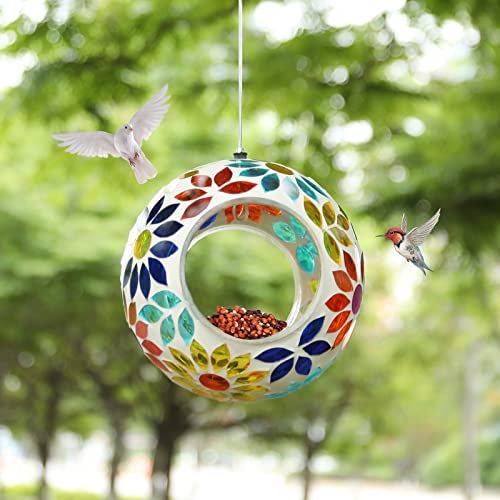 VCUTEKA Bird Feeders Fly Through Mosaic Hanging Birdfeeder for Garden Decor | 7 inch Mosaic Glass Bird Feeeder for Outdoors, Round Shape Glass Container to Attract Wild Birds for Backyard Porch Decor - color: Yellow
