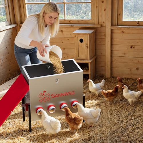 Sannwsg Chicken Feeders,126 lb Capacity 10 Port Automatic Chicken Feeder, Metal Chick Feeder with Locking Lid and Legs, Chicken Feeder for Chickens, Ducks, Geese - size: 10 Ports (4+4+2)