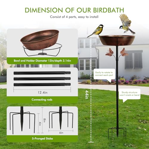 Metal Bird Bath Feeder for Outside – 3.14’’ Deep Birdbaths Bowl with Stable Stake & Upgraded 5-Pronged Base, 13’’ Dia Freestanding for Garden Yard Lawn Decor, 44’’ Tall Easy Clean 1.5 Gallon