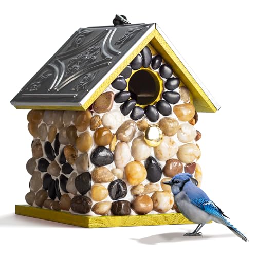 Premium River Pebble Bluebird House – Cedar Wood Outdoor Birdhouse with Embedded Metal Roof, Weather-Resistant Garden Nest Box for Wild Birds, Hanging & Pole Mountable (Yellow) - color: River Pebble Yellow