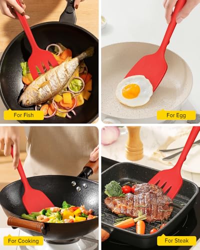 Pack of 2 Silicone Spatula Turners, Non Stick Slotted Kitchen Spatula Set, Heat Resistant BPA Free Kitchen Utensils, One-Piece Design, Suitable for Flipping Fish, Eggs, Steak, Pancakes (RED) - color: Red