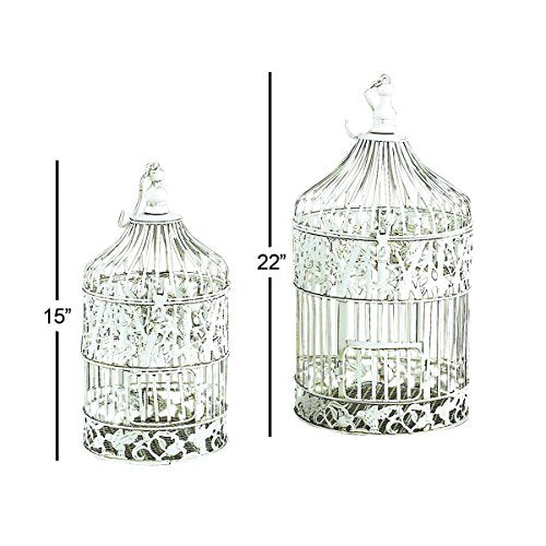 Deco 79 Metal Birdcage Indoor Outdoor Hinged Top with Latch Lock Closure and Hanging Hook, Set of 2 15", 18"H, White