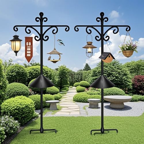 Luzbirba 92in Bird Feeder Pole, Shepherd Hook, 6 Hooks, 5-Prong Base | Heavy-duty pole with squirrel baffle for bird feeders, hanging plants, outdoor lanterns & hummingbird feeders, yard decor