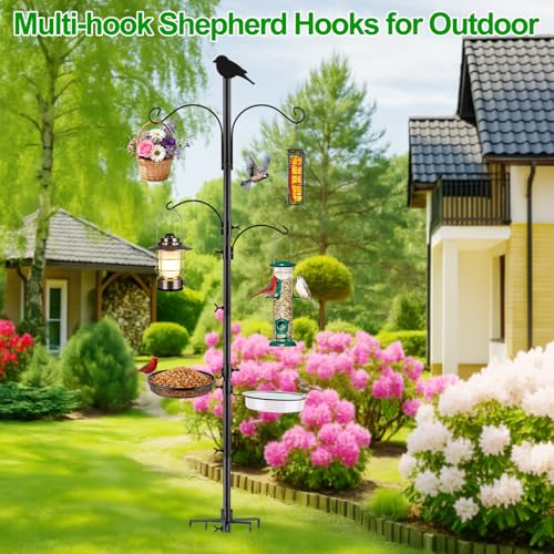 4 Hook Bird Feeding Station Kit,75in Heavy Duty Shepherd Hooks for Outdoor,Birds Feeder Stand Pole with 5 Prong Base|Metal Suet Feeder|Birds Bath|Mesh Tray,Planter Hanger