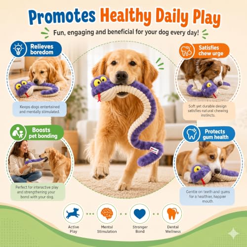 Squeaky Dog Plush Chew Toy, Interactive Tug Squeaky Toy for Chewers, Medium & Large Dogs & Fetch Play, 39.4 in Stuffed Silly Snake Toy with Elastic Stretchable Body for Gentle Gum Care&Boredom Relief - color: Purple (Silly Snake)