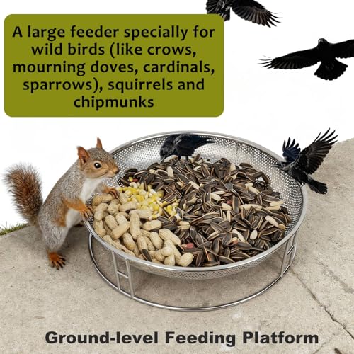 13-Inch Ground Bird Feeder and Bath Combo, Stainless Steel Ground Feeding Platform for Birds & Squirrels, with Dual Birdseed Mesh Trays, Birdbath, Attracting Creatures to Backyard, Patio - color: bird feeder & bath combo